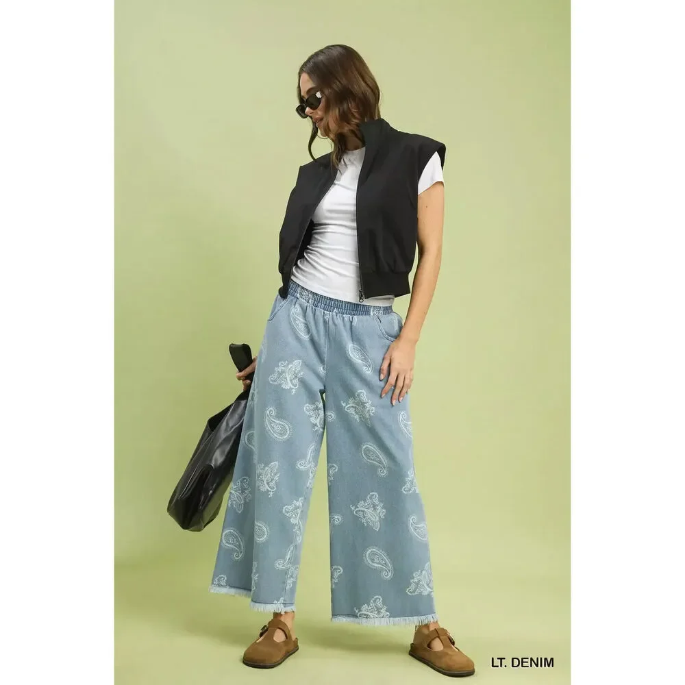 Umgee Denim Paisley Wide-Leg Pants - Picture 5 of 5